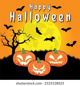 happy halloween bats dead tree pumpkin full moon