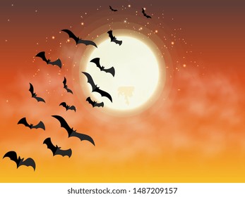 Happy Halloween. Bats flying on background of orange full moon. Vector illustration.