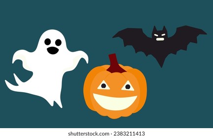 Happy Halloween. Bats, ghost spirits, pumpkins with faces. Set of cute kawaii cartoon characters. Flat design.