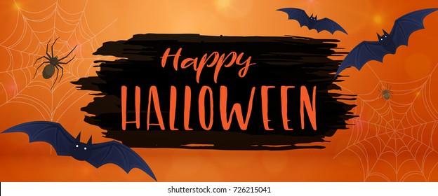 Happy Halloween and bats, horizontal banner. Colorful scary Halloween illustration. Vector