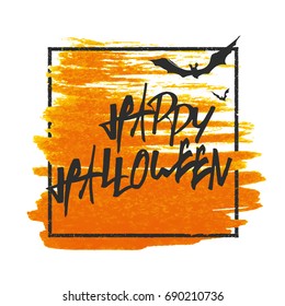 Happy Halloween. Bats on background. Grunge stamped rectangle frame on orange brush splashes. 