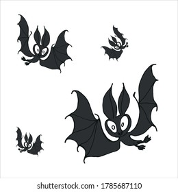 Happy Halloween. Bats silhouettes - vector illustration. Cartoon illustration of a cute friendly black character of a bat flying with spread wings, in a cartoon style, isolated on white.