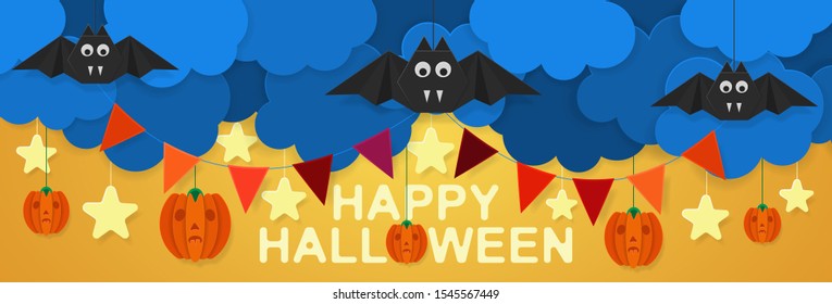 Happy Halloween. Bats soaring in the clouds with hanging flags, stars and pumpkins hanging on a string. Background style paper art carving.