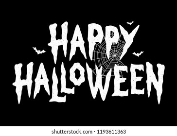 HAPPY HALLOWEEN BATS SPIDER WEB TEXT BANNER BLACK BACKGROUND