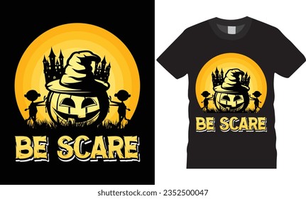 Happy Halloween be scare pumpkin night party graphic vector t shirt template. Holiday season vintage scary Spooky, hat tree premium silhouette Isolated Retro background print for ready