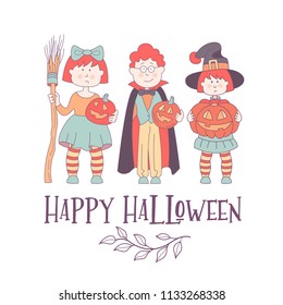 Happy Halloween.  Beautiful card with three children in a festive suit. A girl in a witch costume with a broom and a pumpkin in her hand. A boy in a Dracula costume with a pumpkin in his hand. 