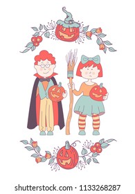 Happy Halloween.  Beautiful card with two children in a festive suit. A girl in a witch costume with a broom and a pumpkin in her hand. A boy in a Dracula costume with a pumpkin in his hand. The post