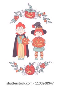 Happy Halloween. Beautiful card with two children in a festive suit. A girl in a witch costume with a pumpkin in her hand. A boy in a Dracula costume with a pumpkin in his hand. The postcard is framed