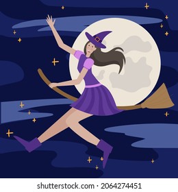 Happy Halloween. A beautiful girl in a witch costume on a broomstick on the background of the full moon. Vector illustration. Vector illustration