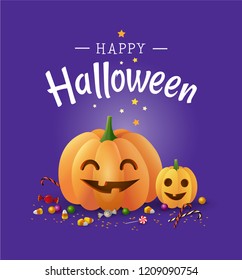 Happy Halloween beautiful greeting card with nice and cute pumpkins and candies. Traditional Halloween decorations smiling pumpkins