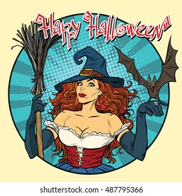 Happy Halloween beautiful witch and bat, pop art retro vector illustration