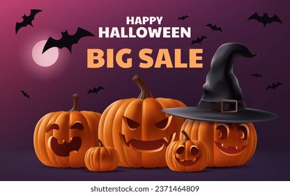 Feliz Halloween Big Sale 3D ilustración vectorial realista. Con un escenario con una calabaza linda, murciélagos y un ambiente espeluznante, es perfecto para celebraciones y promociones navideñas. No IA