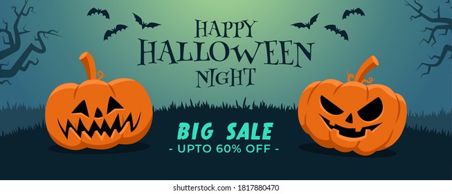 Happy Halloween big sale banner in flat design with two pumpkins and bats