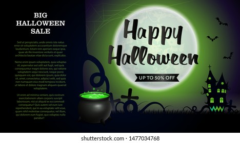 Happy Halloween, Big Sale lettering with graveyard and moon. Invitation or advertising design. Handwritten text, calligraphy. For leaflets, brochures, invitations, posters or banners.