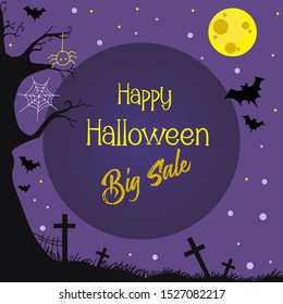 Happy Halloween big sale offer banner in purple colour. Bat, moon, graveyard night mood Halloween background.