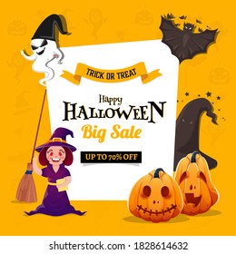 Happy Halloween Big Sale Poster Design with 70% Discount Offer, Cartoon Witch Holding Broom, Ghost Character, Bats and Jack-O-Lanterns on Yellow Background.