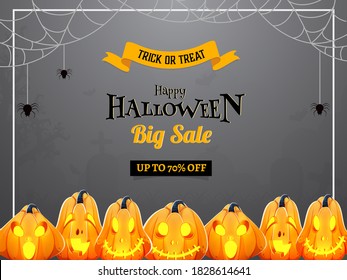 Happy Halloween Big Sale Poster Design with 70% Discount Offer, Spider Web and Illuminated Jack-O-Lanterns on Grey Background.