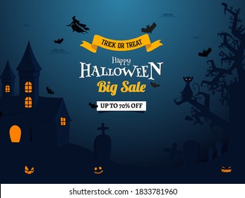 Happy Halloween Big Sale Poster Design with 70% Discount Offer and Haunted House on Blue Graveyard Background.