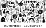 Happy halloween. Big set of horror hand drawn doodle. Collection halloween and magic elements. Pumpkins, ghost, skull, cemetery, black cat, magic cauldron, pot, hat, dream catchers, moon phases, broom