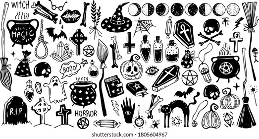 Happy halloween. Big set of horror hand drawn doodle. Collection halloween and magic elements. Pumpkins, ghost, skull, cemetery, black cat, magic cauldron, pot, hat, dream catchers, moon phases, broom
