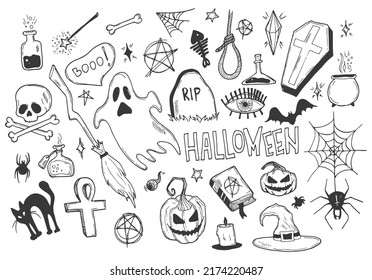 Happy halloween. Big set of horror hand drawn doodle. Collection halloween and magic elements. Pumpkins, ghost, skull, cemetery, black cat, magic cauldron, pot, hat, broom