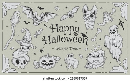 Happy halloween  Big set horror hand drawn doodle  Collection halloween   magic elements  Pumpkins  ghost  skull  cemetery  black cat  magic cauldron  pot  hat  bat  moon phases  broom