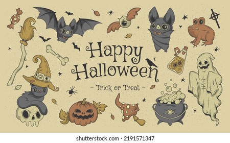 Happy halloween. Big set of horror hand drawn doodle. Collection halloween and magic elements. Pumpkins, ghost, skull, cemetery, black cat, magic cauldron, pot, hat, bat, moon phases, broom