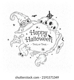 Happy halloween. Big set of horror hand drawn doodle. Collection halloween and magic elements. Pumpkins, ghost, skull, cemetery, black cat, magic cauldron, pot, hat, bat, moon phases, broom