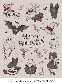 Happy halloween. Big set of horror hand drawn doodle. Collection halloween and magic elements. Pumpkins, ghost, skull, cemetery, black cat, magic cauldron, pot, hat, bat, moon phases, broom