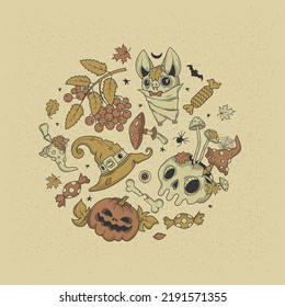 Happy halloween. Big set of horror hand drawn doodle. Collection halloween and magic elements. Pumpkins, ghost, skull, cemetery, black cat, magic cauldron, pot, hat, bat, moon phases, broom