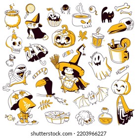 Happy Halloween. Big set of horror hand drawn doodle. Collection halloween and magic elements. Cartoon characters. Funny vector illustration. Isolated on white background