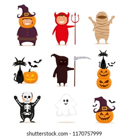 Happy Halloween. Big Set with Kids in Costumes Isolated on White Background. Vector Illustration.