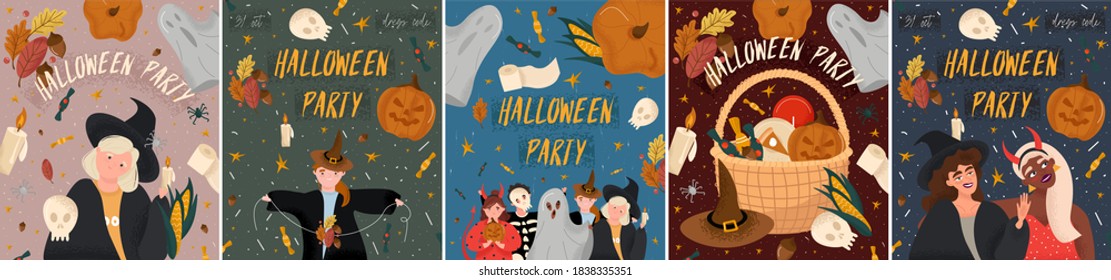 Happy Halloween. Big set of Halloween party posters in cartoon style. Bright vector posters with children in costumes of ghosts, devil, skeleton and witches. Pumpkin, ghost, leaves, sweets, stars.