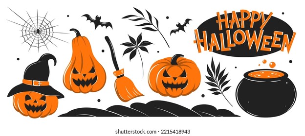 Feliz Halloween. Gran conjunto con calabazas, telaraña, murciélago, con una veta de poción y una escoba.  Ilustración vectorial para el afiche de vacaciones, tarjeta de saludo, invitación de fiesta