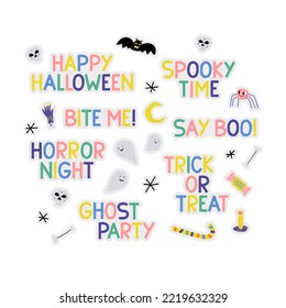 Happy Halloween. Big set of stickers. Hand drawn lettering. Elements for seasonal design. Autumn celebration. Scary party, horror night. Ghost, skull, bones, sweets.