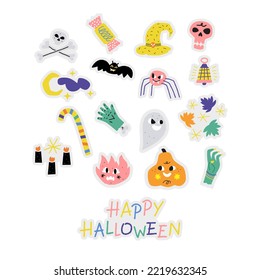 Happy Halloween. Big set of stickers. Hand drawn lettering. Elements for seasonal design. Autumn celebration. Scary party, horror night. Ghost, skull, bones, sweets.