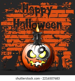 Happy Halloween. Billiard ball in the form of a pumpkin with a candle and cats against the background of bricks. Pattern for banner, poster, greeting card, invitation. Vector illustration 