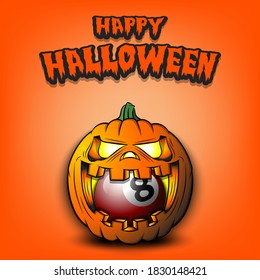 Happy Halloween. Billiard ball inside frightening pumpkin. The pumpkin swallowed the ball with burning eyes. Design template for banner, poster, greeting card, party invitation. Vector illustration