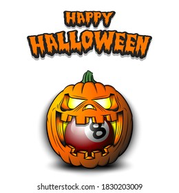 Happy Halloween. Billiard ball inside frightening pumpkin. The pumpkin swallowed the ball with burning eyes. Design template for banner, poster, greeting card, party invitation. Vector illustration