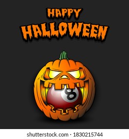 Happy Halloween. Billiard ball inside frightening pumpkin. The pumpkin swallowed the ball with burning eyes. Design template for banner, poster, greeting card, party invitation. Vector illustration