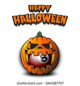 Happy Halloween. Billiard ball inside frightening pumpkin. The pumpkin swallowed the ball with burning eyes. Design template for banner, poster, greeting card, party invitation. Vector illustration