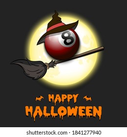 Happy Halloween. Billiard ball with witch hat on a broomstick against the background of the moon. Pattern for banner, poster, greeting card, flyer, party invitation. Vector illustration