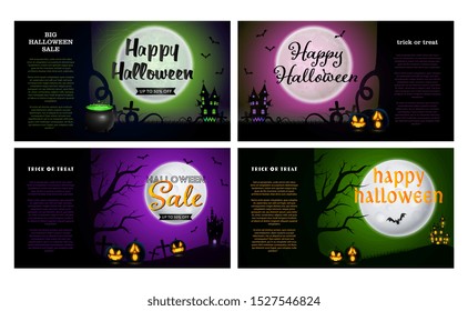 Happy Halloween black banner set with castles and pumpkins. Halloween, October, trick or treat. Lettering can be used for greeting cards, invitations, announcements