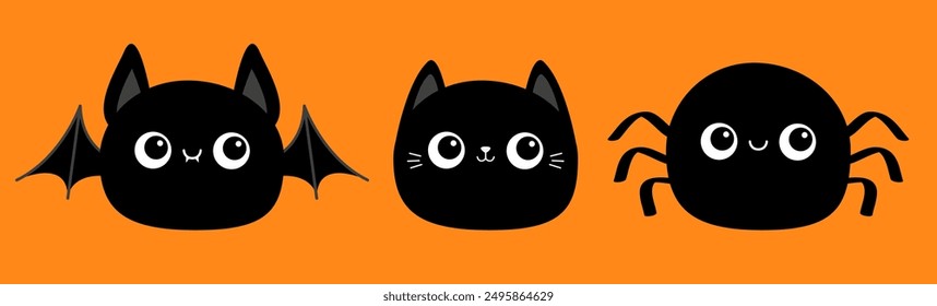 Feliz Halloween. Bate negro, gato gatito, araña redonda icono conjunto. Cara sonriente. Lindo personaje de dibujos animados bebé. Animal Kawaii. Estilo infantil. Estampado de pegatinas. Diseño plano. Fondo naranja. Aislado. Vector