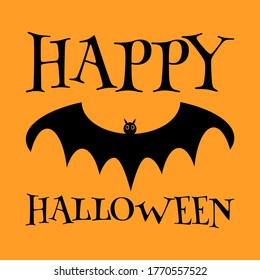 Happy Halloween. Black bat flying vampire bat on orange background. Design for printing or banner