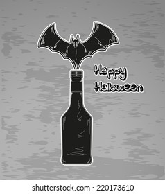 happy halloween with black bottle and bat, vector