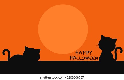 Happy Halloween with black cat and big moon on orange background vector illustration.