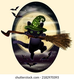 Happy halloween black cat with broom, vector illustration	