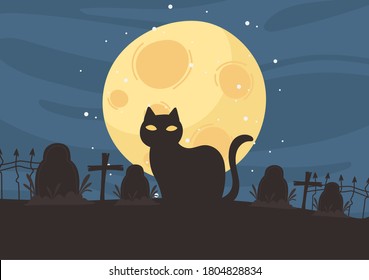 happy halloween, black cat cemetery gravestones crosses night moon trick or treat party celebration background vector illustration