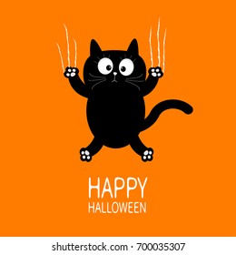 Happy Halloween. Black cat claw scratch glass. Cute cartoon funny baby character. Greeting card. Scary surprised face emotion. Orange background. Isolated. Flat design. Vector illustration